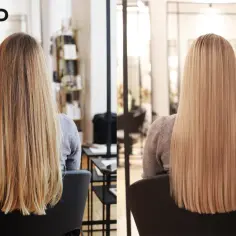 Przed i po: długie, blond włosy przed i po zabiegu fryzjerskim.