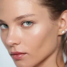 Kobieta z idealną, lśniącą cerą typu "glass skin", z subtelnymi kolczykami w uszach.