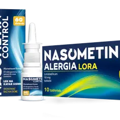 Spray do nosa Nasometin Control i tabletki Nasometin Alergia Lora na katar sienny.