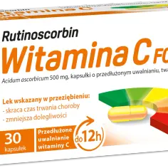 Opakowanie Rutinoscorbin Witamina C Forte. Informacje o dawkowaniu i przedłużonym uwalnianiu witaminy C. 30 kapsułek.