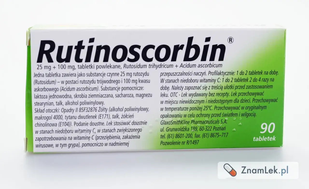 Opakowanie Rutinoscorbin 90 tabletek. Dawkowanie: profilaktycznie 1-2 tabletki dziennie, przy niedoborze wit. C 1-2 tabletki 2-4 razy dziennie.