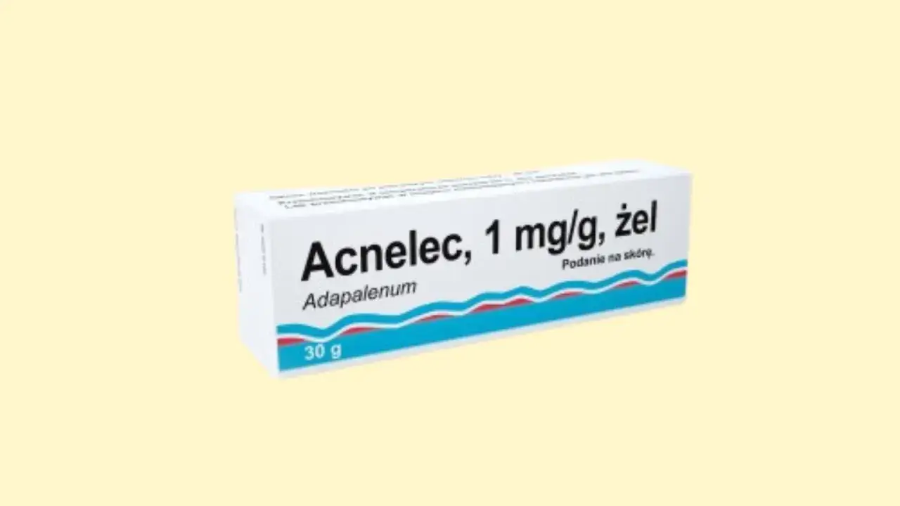 Opakowanie żelu Acnelec 1 mg/g z adapalenem, przeznaczone do stosowania na skórę.