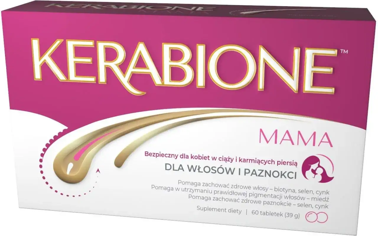 Opakowanie Kerabione Mama dla zdrowych włosów i paznokci, bezpieczne dla kobiet w ciąży i karmiących.