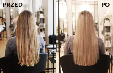 Przed i po: długie, blond włosy przed i po zabiegu fryzjerskim.
