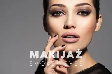 Kobieta z perfekcyjnym makijażem smokey eye, podkreślonymi ustami i czarnymi paznokciami.