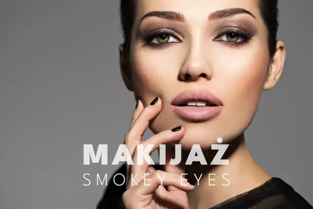 Kobieta z perfekcyjnym makijażem smokey eye, podkreślonymi ustami i czarnymi paznokciami.